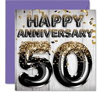 Impresionante tarjeta de aniversario dorada para marido, novio, esposa, novia, globos negros y dorados con purpurina, tarjetas de feliz 50 aniversario de la familia, tarjetas de felicitación de 50 mm