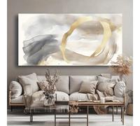 Impresiones artísticas de pared enmarcadas con un moderno estampado abstracto dorado - Lienzo con líneas horizontales de tinta dorada para sala de estar (60 x 123 cm/24 x 48 pulgadas)