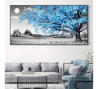 Impresiones artísticas de pared enmarcadas grandes, modernas, abstractas, azules y blancas, con árbol y luna, lienzo para pared, obras de arte para dormitorio (35 x 65 cm)
