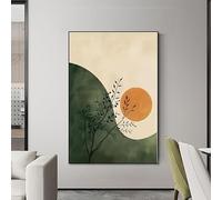Impresiones artísticas de pared enmarcadas: hojas verdes y luna naranja se complementan entre sí, lienzos para sala de estar y dormitorio (50 x 80 cm)