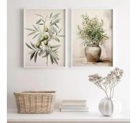 Impresiones en lienzo de pintura de rama de olivo, pintura en lienzo, arte de pared de planta retro, para decoración de sala de estar y dormitorio (60 x 90 cm, 2 piezas/marco interior)