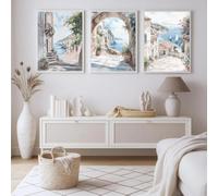 Impresiones en lienzo de una calle costera italiana, póster de pintura, arte moderno de paisaje costero mediterráneo, decoración para sala de estar (60 x 90 cm, 3 piezas)