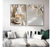Impresiones en lienzo de una estatua de Buda sereno con café con leche y flores primaverales, pósteres zen, decoración de pared, arte moderno (40 x 55 cm, 2 unidades)