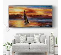 Impresiones en lienzo modernas para colgar en la pared, arte abstracto al óleo, atardecer, paisaje marino, navegación, imagen en rojo oscuro, decoración para sala de estar (30 x 60 cm)