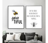 Impresiones en lienzo, pintura "Abeja feliz, sé tú mismo", arte de pared inspirador, cita motivacional para decoración del hogar (40 x 50 cm, 2 unidades)