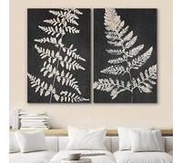 Impresiones en lienzo, pintura, arte de pared, pósteres, flores silvestres, botánicas, póster, hojas de helecho en negro y canela, arte para decoración de sala de estar (35 x 50 cm, 2 unidades)