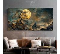 Impresiones en lienzo, pintura con efecto visual abstracto, árbol dorado, luna, arte de pared, decoración del hogar para sala de estar, dormitorio, oficina (80 x 160 cm)