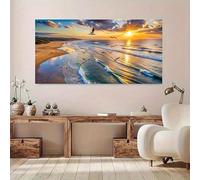 Impresiones en lienzo, pintura con efecto visual, póster moderno de atardecer en la playa, olas y gaviotas, arte de pared para decoración de dormitorio y sala de estar (50 x 100 cm)