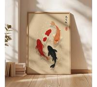 Impresiones en lienzo, pintura de peces koi, póster minimalista, arte de pared asiático, decoración japonesa de agua zen, estanque, obra de arte oriental moderna (30 x 45 cm)