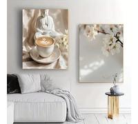 Impresiones en lienzo, pintura de una estatua de Buda sereno con café con leche y flores primaverales, pósteres zen, decoración de pared, arte moderno (60 x 80 cm, 2 piezas)