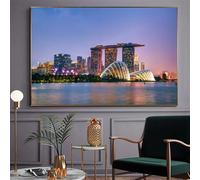 Impresiones en lienzo, pintura del horizonte de Marina Bay al atardecer, impresión artística en lienzo, paisaje urbano moderno con arena, decoración de pared de hotel (70 x 110 cm/sin marco)