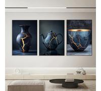 Impresiones en lienzo, pintura japonesa Kintsugi, jarrón, tetera, arte zen, elegante póster de pared para habitación, dormitorio, oficina, decoración del hogar (50 x 70 cm, 3 piezas)