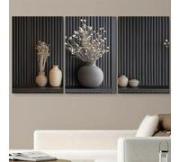 Impresiones en lienzo Pintura moderna minimalista patrón de rayas verticales fondo de madera decoración de flores secas pinturas estilo nórdico sala de estar (50x70cm-3 piezas)