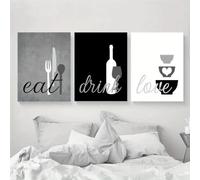 Impresiones en lienzo, pintura para pared de cocina, arte de pared "Comer y beber, amor", gris, negro y blanco, póster moderno de un solo color (40 x 60 cm, 3 unidades)