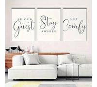 Impresiones en lienzo, pintura para pared, frases "Sé nuestro huésped, quédate un rato, encuentra comodidad" para decoración de sala de estar y dormitorio (30 x 50 cm, 3 unidades)