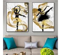 Impresiones en lienzo, pintura para pared, póster de bailarina con cinta dorada, impresión para oficina, sala de estar, decoración del hogar, mujer bailando (60 x 90 cm, 2 piezas)