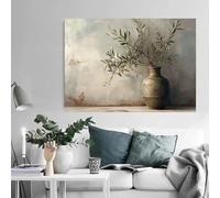 Impresiones en lienzo, pintura vintage minimalista, arte de pared italiano, olivo en jarrón, póster, naturaleza muerta, botánica, decoración antigua para el hogar (60 x 85 cm)