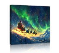 Impresiones en lienzo Santa Sleigh Aurora Borealis Wall Art Winter Wonderland Wall Decor para sala estar Área comedor Apartamento listo para colgar Marco interior 50x50cm