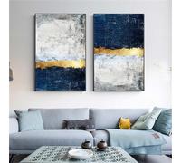 Impresiones Lienzo,2 Piezas-Cuadro Arte de Pared Dorado Pintura Abstracta Bloque Lámina Oro Póster Azul Impresión Sala Estar Cocina Dormitorio Habitación Decoración Azul Marino-60*70cm (sin marco)
