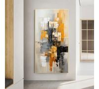 Impresiones modernas sobre lienzo, pintura de líneas geométricas, póster abstracto negro, naranja y beige para decoración de sala de estar y dormitorio (70 x 140 cm)