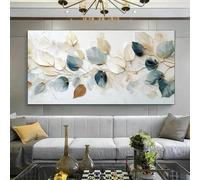 Impresiones sobre lienzo con un exquisito diseño de hojas en azul, beige, dorado y blanco para la decoración de la sala de estar y el dormitorio (55 x 110 cm)