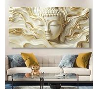 Impresiones sobre lienzo: elegante rostro sereno de Buda con ondas doradas que simboliza la paz y la espiritualidad. Decoración de pared (55 x 110 cm/sin marco).