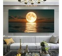 Impresiones sobre lienzo: Paisaje marino tranquilo con luna llena y aguas tranquilas. Decoración para sala de estar, dormitorio, baño (80 x 160 cm).