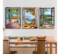 Impresiones sobre lienzo, pintura de Henri Matisse, estilo fauvismo, ventana abierta, paisaje, póster, vista costera, exposición moderna, arte de pared (50 x 70 cm, 3 piezas)