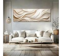 Impresiones sobre lienzo, pintura minimalista abstracta, decoración de pared con olas, arte wabi-sabi para sala de estar, tonos neutros beige y blanco (40 x 120 cm)