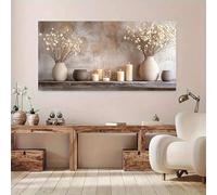 Impresiones sobre lienzo, pintura moderna, árbol de la vida dorado, tonos neutros con jarrones blancos y velas para decoración de habitaciones (50 x 100 cm)