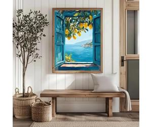 Impresiones sobre lienzo, pintura retro mediterránea, playa costera, surfista, chica, limonero, paraguas a rayas, póster, pintura en lienzo (40 x 55 cm)