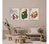 Impression sur toile japonaise, ensemble de 3 décorations murales avec crapauds amusants, imprimé animal oriental, affiche grenouille originale (60 x 90 cm x 3 / sans cadre)