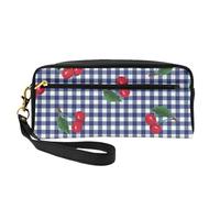 Imprimir Cerezas en Cuadros Azules, Bolsa de Maquillaje Bolsa de cosméticos Bolsa de Aseo de Viaje portátil Estuche de Cuero para Mujeres y niñas