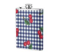Imprimir cerezas en cuadros azules,Frasco de acero inoxidable 304 de 8 oz con funda de cuero sintético, frasco de bolsillo para licor plano para exteriores