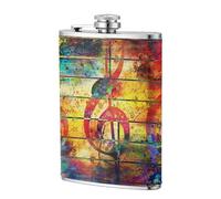 Imprimir nota musical de madera colorida,Frasco de acero inoxidable 304 de 8 oz con funda de cuero sintético, frasco de bolsillo para licor plano para exteriores