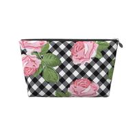 Imprimir Rosas sobre Cuadros Blancos Y Negros, Bolsa de artículos de tocador Bolsa de Maquillaje Bolsa de cosméticos Bolsa de artículos de tocador de Viaje portátil
