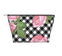 Imprimir Rosas sobre Cuadros Blancos Y Negros, Bolsa de artículos de tocador Bolsa de Maquillaje Bolsa de cosméticos Bolsa de artículos de tocador de Viaje portátil