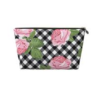 Imprimir Rosas sobre Cuadros Blancos Y Negros, Bolsa de Maquillaje Bolsa de cosméticos Bolsa de artículos de tocador de Viaje portátil Bolsa de artículos de tocador