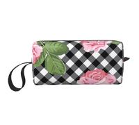 Imprimir Rosas sobre Cuadros Blancos Y Negros, Bolsa de Maquillaje Bolsa de cosméticos Bolsa de artículos de tocador de Viaje portátil Bolsa de Maquillaje