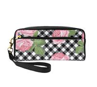 Imprimir Rosas sobre Cuadros Blancos y Negros, Bolsa de Maquillaje Bolsa de cosméticos Bolsa de Aseo de Viaje portátil Estuche de Cuero para Mujeres y niñas