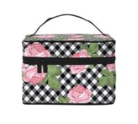 Imprimir Rosas sobre Cuadros Blancos Y Negros, Bolsa de Maquillaje Bolsa de cosméticos Bolsa de Aseo de Viaje portátil Estuche para lápices