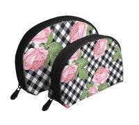 Imprimir Rosas sobre Cuadros Blancos Y Negros, Bolsa de Maquillaje de Concha, Monedero pequeño para Mujer, Bolsa de artículos de tocador, Bolsa de cosméticos, 2 Piezas