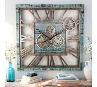 ImprovingLife El Reloj de Engranajes 61 cm Cuadrado con Engranaje de Movimiento Real, Reloj de Pared Vintage Industrial de Gran Tamaño, Estilo Granja Rústica (Verde Agua)