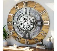 ImprovingLife Reloj de pared The Gears Clock con engranaje de movimiento real, línea England (madera y piedra, 60 cm (24 pulgadas))