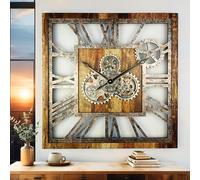 ImprovingLife The Gears Clock - Reloj de pared cuadrado de 61 cm con engranajes reales en movimiento, diseño vintage industrial extragrande, estilo rústico de granja (marrón vintage)