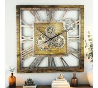 ImprovingLife The Gears Clock Reloj de pared cuadrado de 61 cm con engranajes reales, vintage, industrial, de gran tamaño, rústico, granja (oro antiguo)