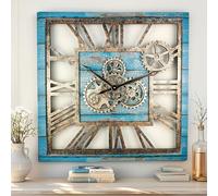 ImprovingLife The Gears Clock - Reloj de pared cuadrado de 61 cm con engranajes reales, vintage, industrial, oversize, rústico, casa de campo (azul océano)