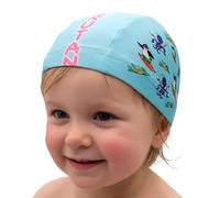 IMSPIRA Gorro de Natación Bebé Unisex 0-24 Meses | “Natural Born Swimmer” Azul con Lema Fucsia | Pulpo waterpolista, pingüino Surfista y Rana nadadora | Piscina y Playa