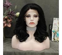 Imstyle Peluca corta negra: encaje frontal sintético, ondulado, parte libre, línea capilar natural, fibra resistente al calor para uso diario, cosplay, Halloween, 14 pulgadas