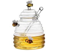 Imtrub Honey Jar with Dipper, 400ml Transparent Glass Honey Jar with Lid, Unique Beehive Shape Honey Bee Pot, Beehive Honey Pot for Store Honey and Syrup for Home Kitchen
